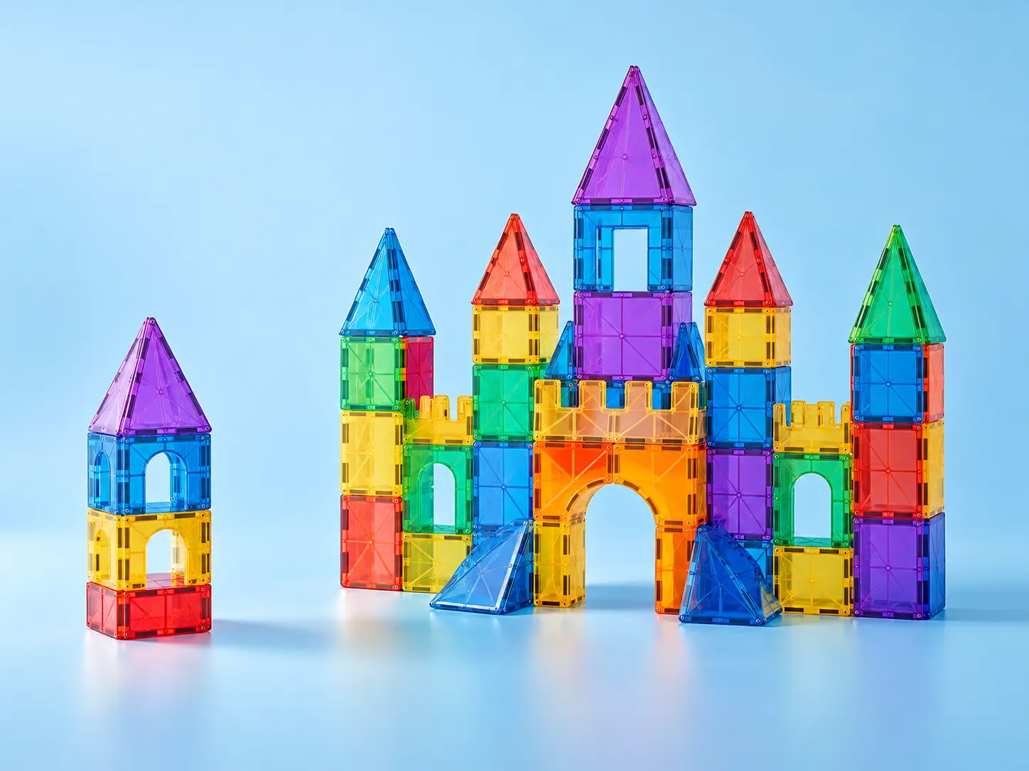 Colourful translucent magnetic tiles arranged as castles and towers